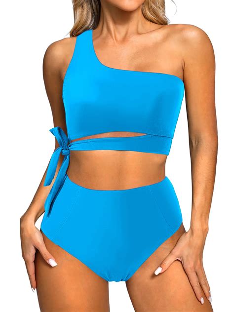 MOSHU One Shoulder Womens Bikini High Waisted Bathing Suit Tie High