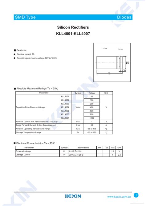 KLL4001 Kexin Rectifiers Hoja de datos Ficha técnica Distribuidor