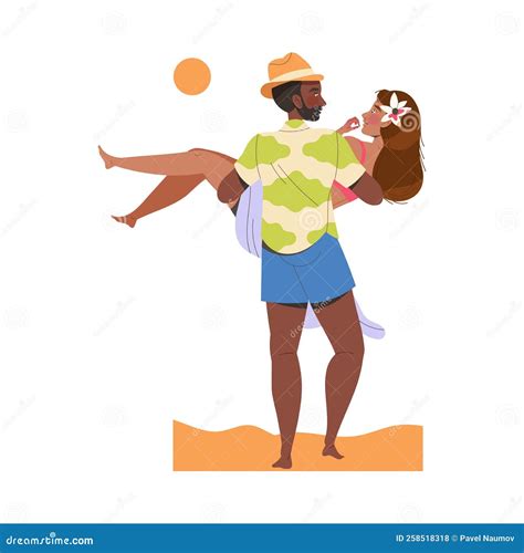 Man Carrying Woman Walking On Beach Enjoying Summer Vacation And