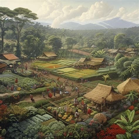 Premium AI Image | A painting of a village with a mountain in the ...