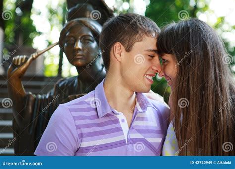 Portrait Loving Happy Couple In The Summer Sunny Park Stock Image