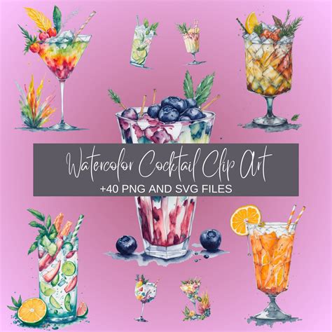 Cocktail Clip Art 40 Watercolor Cocktail Clip Art Modern Etsy