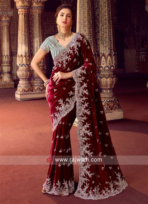 Gorgeous Maroon Velvet Designer Zardosi Work Saree