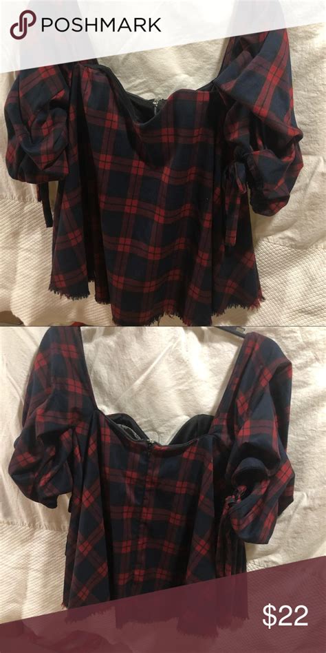 Red And Navy Plaid Bustier Flare Top With Support Bra