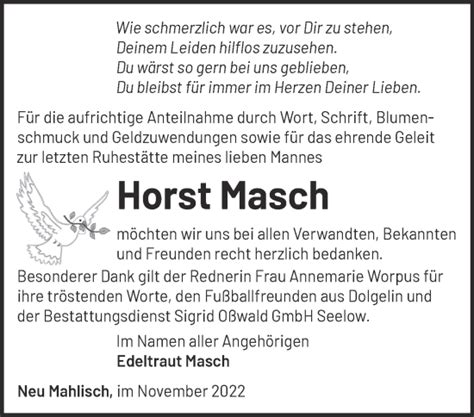 Traueranzeigen Von Horst Masch M Rkische Onlinezeitung Trauerportal