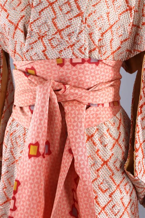 Vintage 1960s Silk Kimono Robe Orange And Grey Shibori
