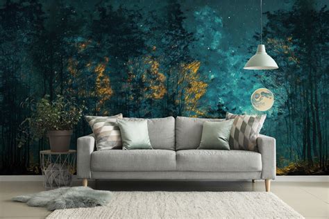 Night Forest Landscape Wallpaper With Tree and Moon, Removable, Self Adhesive peel and Stick ...