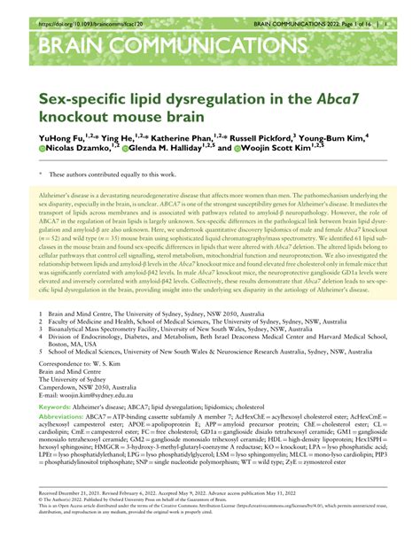 Pdf Sex Specific Lipid Dysregulation In The Abca7 Knockout Mouse Brain