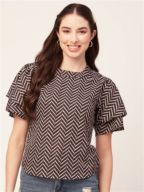 Buy Moomaya Geometric Printed High Neck Flutter Sleeves Top Tops For