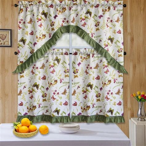 3 Piece Kitchen Curtain Sawg Set, Window Treatment Butterfly & Flowers