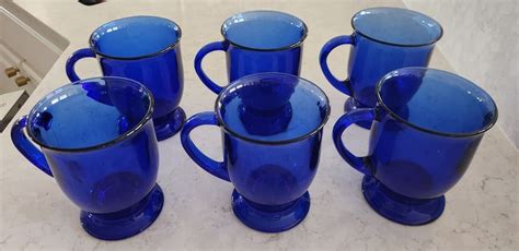 Set Of 6 Vintage Anchor Hocking Cobalt Blue Glass 5 Footed 16oz Coffee Mug Usa Ebay