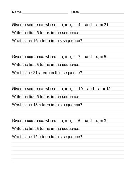 Math Worksheet Collection Recursive Formulas Of Arithmetic Sequences