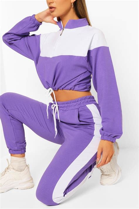 High Neck Colourblock Tracksuit Boohoo In 2021 Purple Fashion