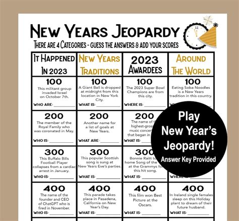 New Years Jeopardy Game New Years Trivia Game New Years Party Game