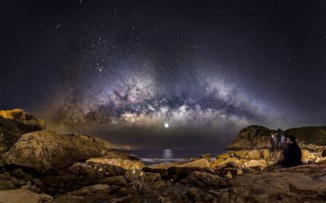 Long Exposure Galaxy Milky Way Comet Coast Fence Bay Landscape