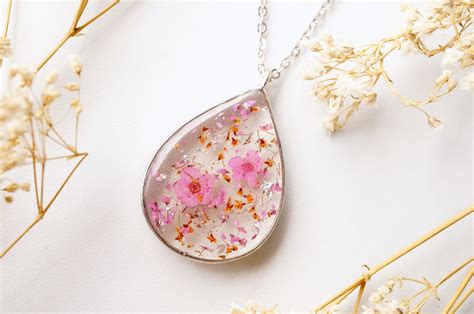 Real Dried Flowers And Resin Necklace Silver Teardrop In Pink Orange