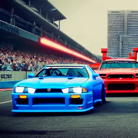 KREA AI Race Car Photo Finish Between A Nissan Skyline R34