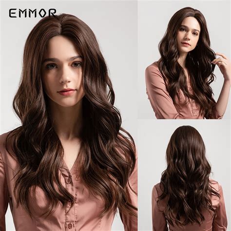 Emmor Long Brown Ombre Synthetic Wigs With Bangs L Grandado