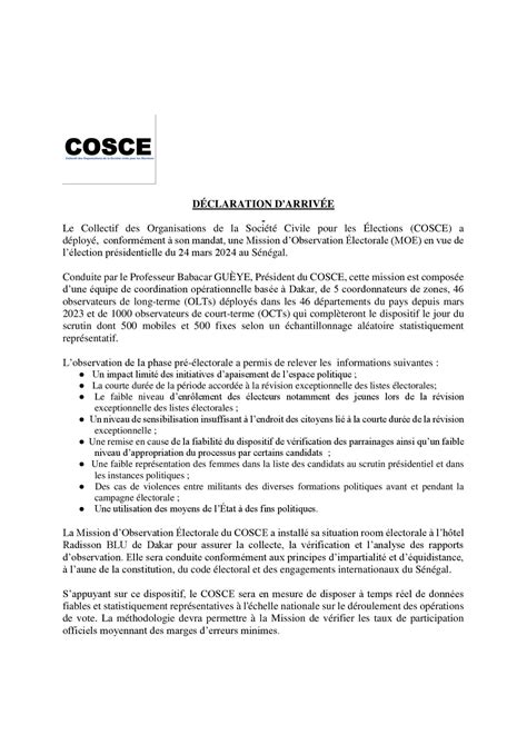 Voici La Déclaration Darrivée Du Cosce Pour Lélection Présidentielle