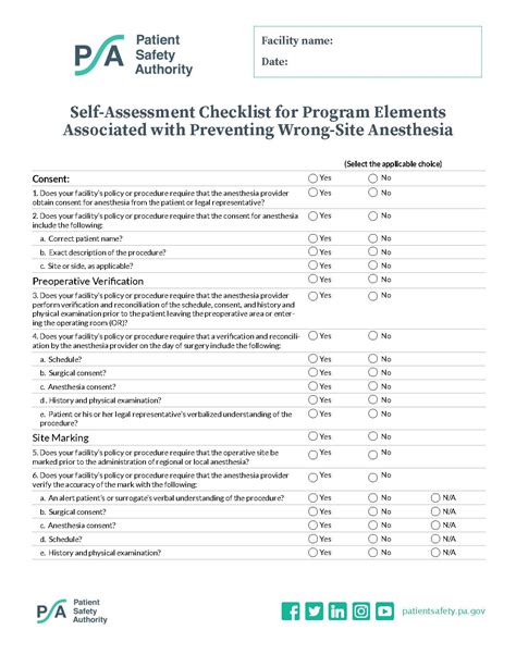 Self Assessment Checklist For Program Elements Associated With Preventing Wrong Site Anesthesia