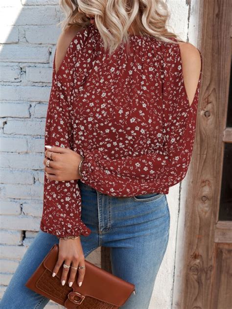 Shein Vcay Ditsy Floral Print Cold Shoulder Lantern Sleeve Blouse