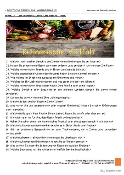 C1 Lass uns über KULINARISCHE VIEL Deutsch DAF Arbeitsblätter pdf doc