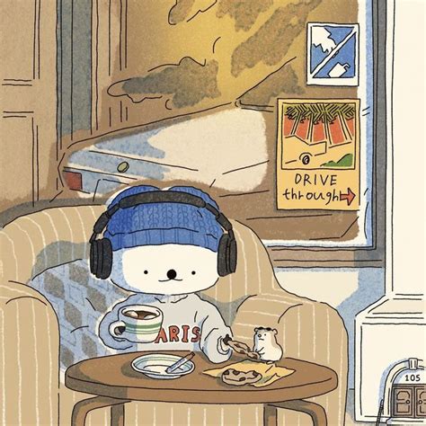 A Drawing Of A Teddy Bear Wearing Headphones And Eating Food At A Table