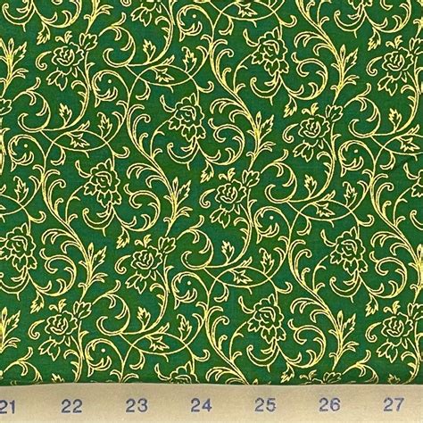 Green And Gold Filigree Cotton Fabric Metallic Etsy