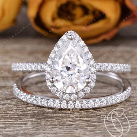 Pear Moissanite Engagement Ring In K K White Gold Halo Etsy