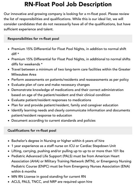 Rn Float Pool Job Description Velvet Jobs