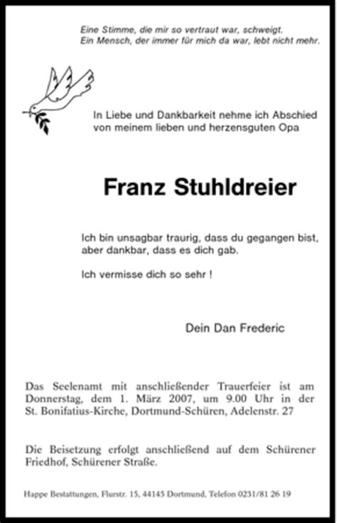 Traueranzeigen Von Franz Stuhldreier Trauer In Nrw De