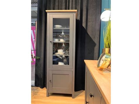 Tall Slim Glass Display Cabinet Unit Soft Close Leds Dark Grey And Oak Effect Modern Country Style