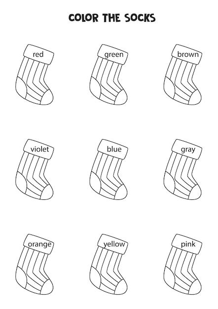 Premium Vector | Read names of colors and color black and white socks educational worksheet