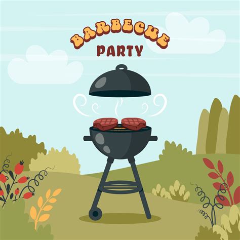 BBQ party. Barbecue background with brazier, grill, steaks, meat food