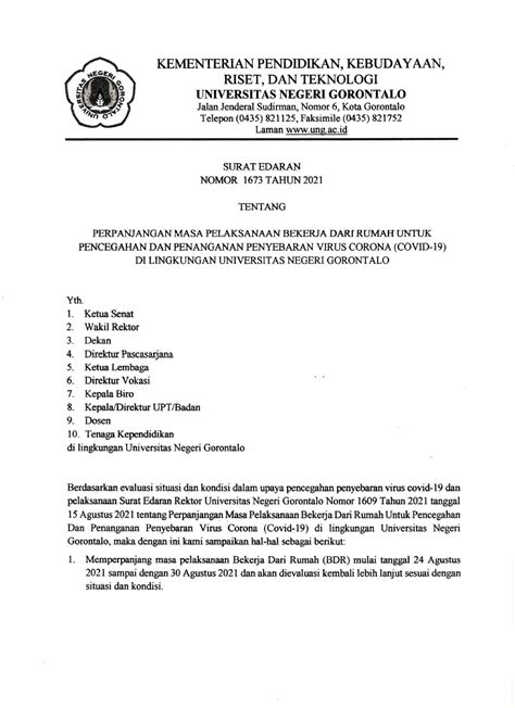 Surat Edaran Perpanjangan Masa Pelaksanaan Bekerja Dari Rumah