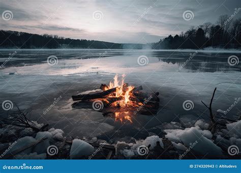 Campfire In The Middle Of Frozen Lake With Ice Floating On Its Surface Stock Illustration