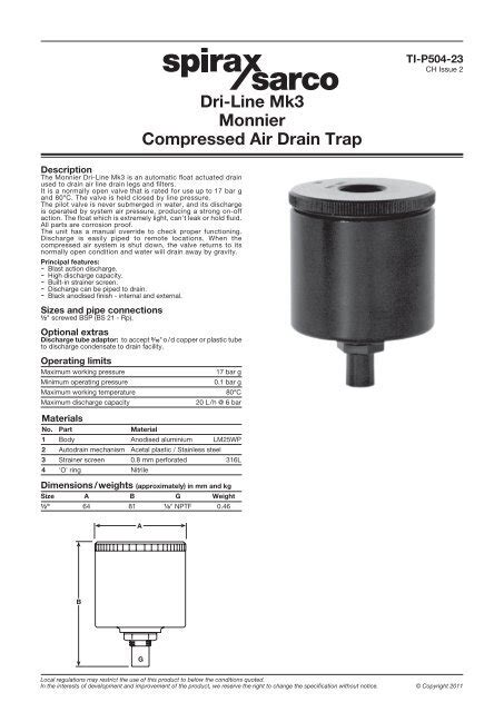 Dri Line Mk3 Monnier Compressed Air Drain Trap Spirax Sarco