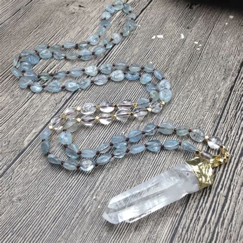 Clear Quartz Necklace With Aquamarine Beads Asana Crystals