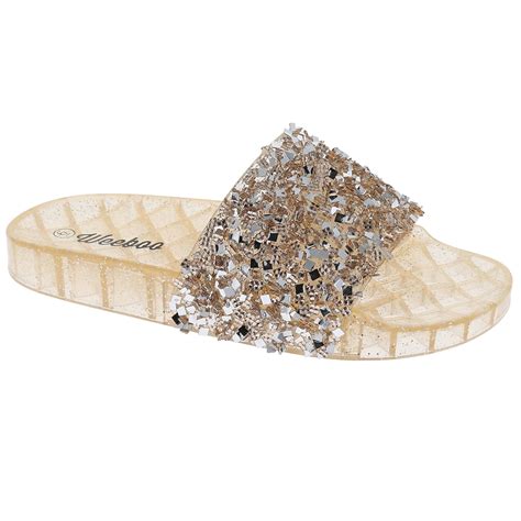 Womens Glitter Rhinestone Strap Slide Slip On Slipper Sandals