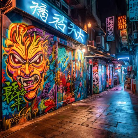 Japanese Graffiti On Street Wall Neon Light Street Art By Night Ai