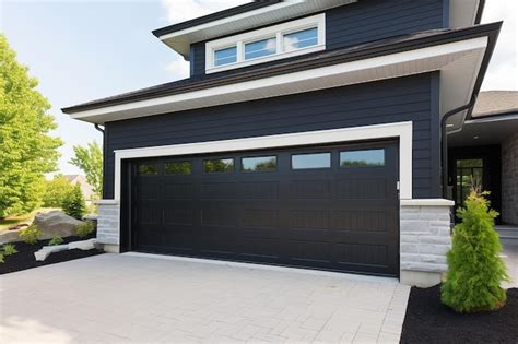 Premium Photo | Black Garage Doors with White Trim in Sunlight