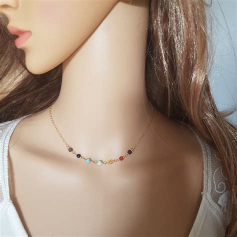 Tiny 7 Chakra Gemstone Necklace Choker In Sterling Silver Or 14K Gold