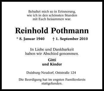 Traueranzeigen Von Reinhold Pothmann Trauer In NRW De