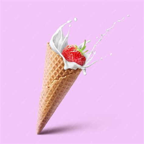 Premium Photo Ice Cream Waffle Cone With Milk Splash And Strawberry