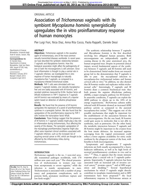 Pdf Association Of Trichomonas Vaginalis With Its Symbiont Mycoplasma Hominis Synergistically