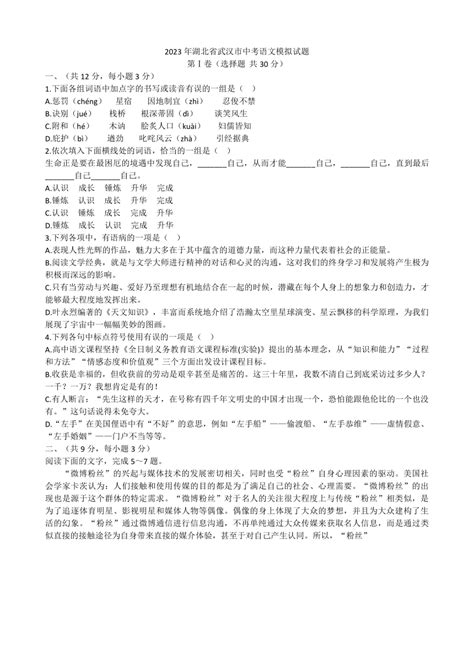 2023年湖北省武汉市中考语文模拟试题（wrod有答案） 21世纪教育网