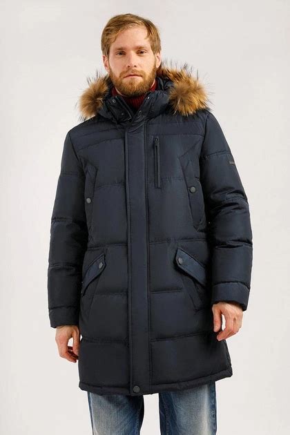 Длинный мужской пуховик с мехом Finn Flare W19-21004-101 темно-синий M ...