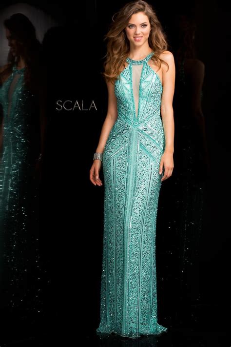 French Novelty Scala 48696 High Neck Beaded Gown With Illusion