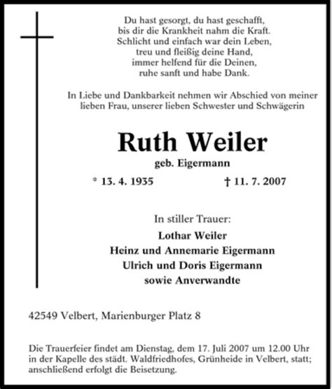 Traueranzeigen Von Ruth Weiler Trauer In NRW De