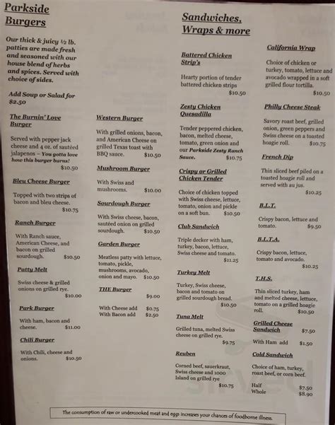 Parkside Cafe Menu In Medford Oregon Usa